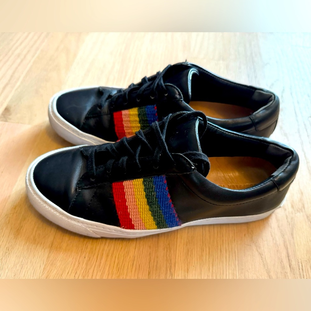 Loeffler Randall Logan Rainbow Stripe Black Leather Tennis Shoes Sneakers 7.5
